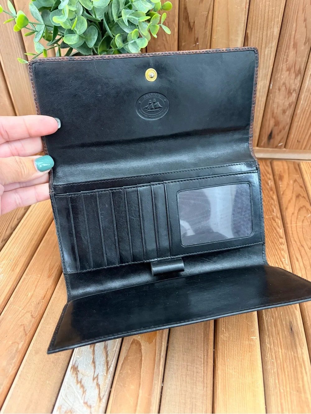 BRAHMIN Croc-Embossed Black and Brown Leather Trifold Wallet
